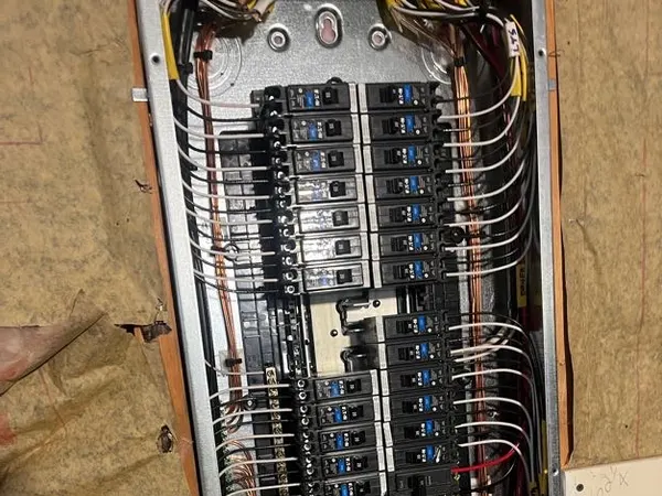 Large open commercial panelboard with two columns of breakers, a surge device, and neatly combed conductor bundles.