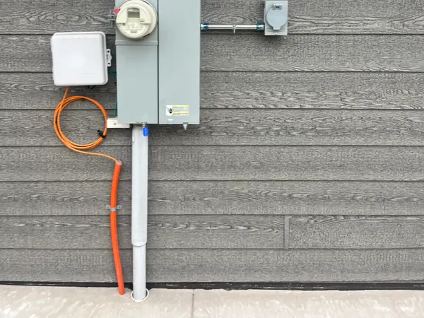 An exterior meter-main with service riser conduit and a weatherproof outlet on gray siding.